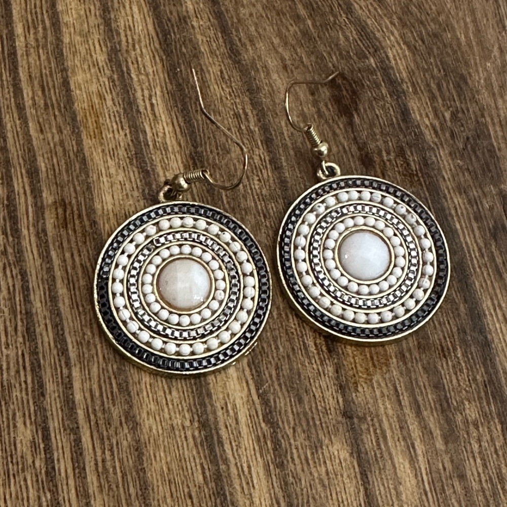 Antiqued gold-toned Southwestern‎ Fuax white turquoise concho earrings